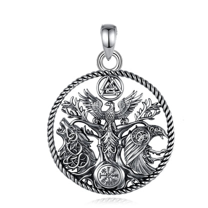 925 Silver Viking Raven Wolf Necklace – Phoenix Tree of Life Compass Norse Pendant-MoonChildWorld