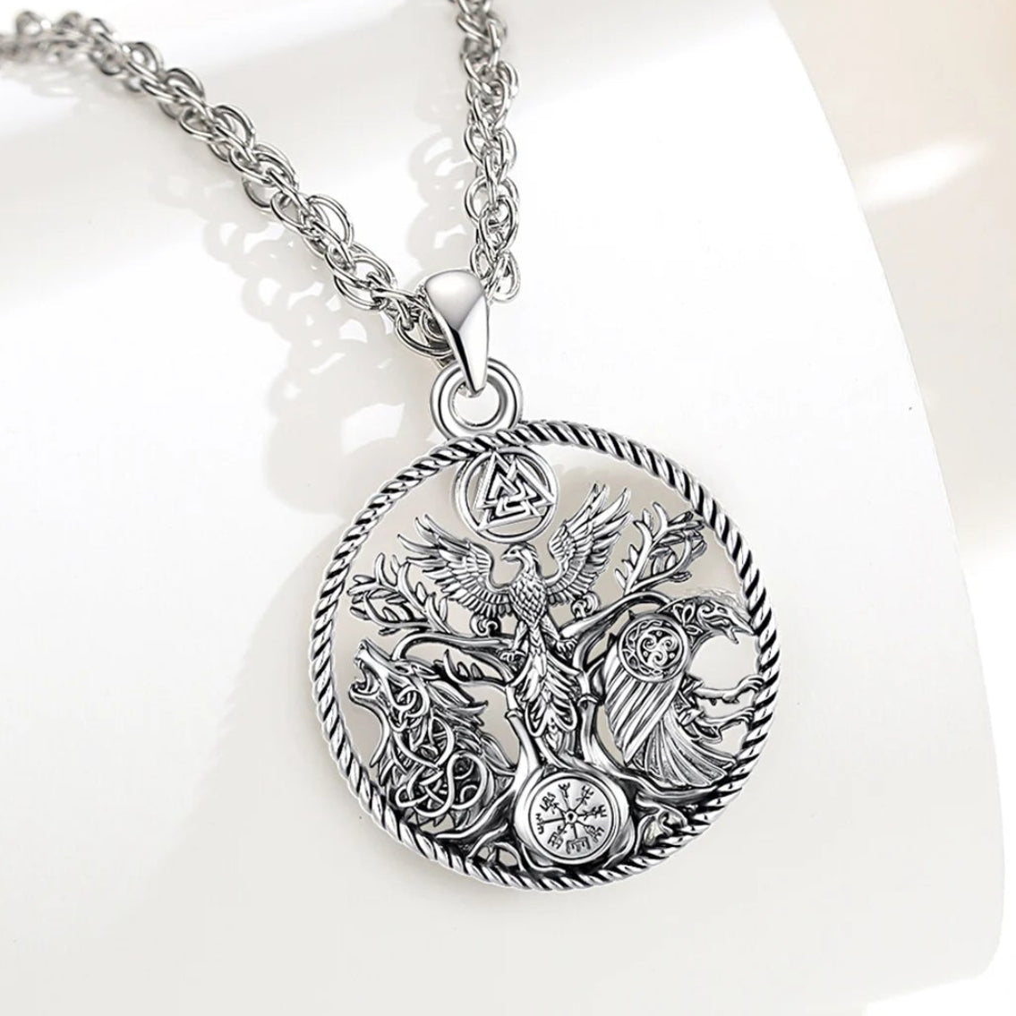 Viking raven wolf necklace worn – tree of life Norse mythology Pagan spiritual jewellery pendant