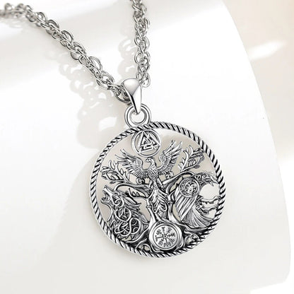 Viking raven wolf necklace worn – tree of life Norse mythology Pagan spiritual jewellery pendant