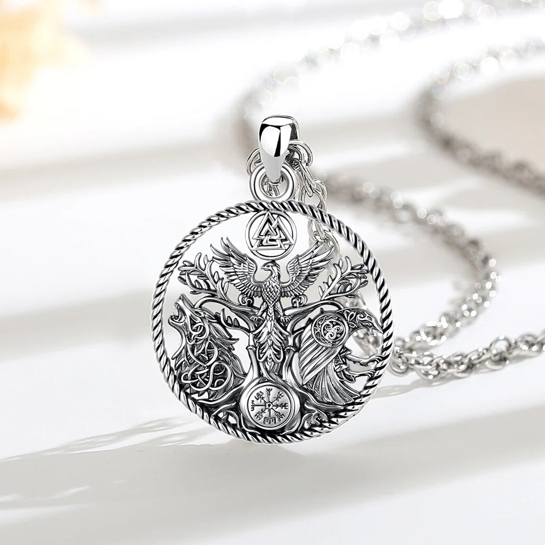 Norse wolf raven phoenix pendant detail – Pagan spiritual totem necklace for men and women