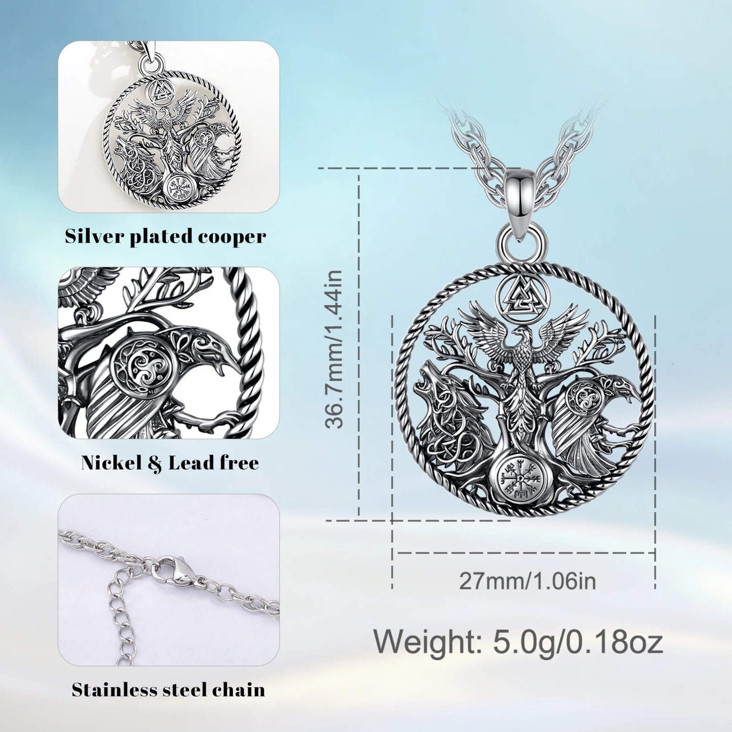 Raven wolf phoenix compass pendant close-up – Norse Pagan Eudora spiritual amulet necklace