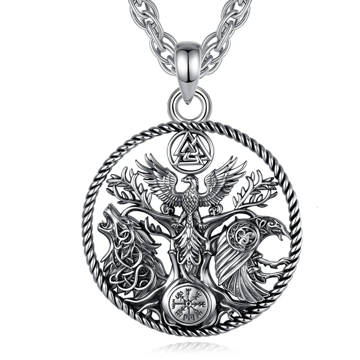 Viking raven wolf necklace with phoenix tree of life and compass – Norse Pagan spiritual pendant jewellery