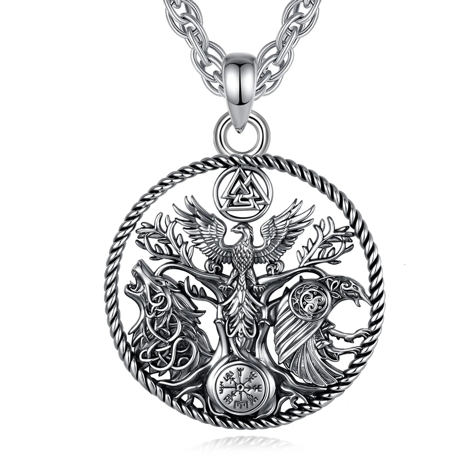 Viking raven wolf necklace with phoenix tree of life and compass – Norse Pagan spiritual pendant jewellery