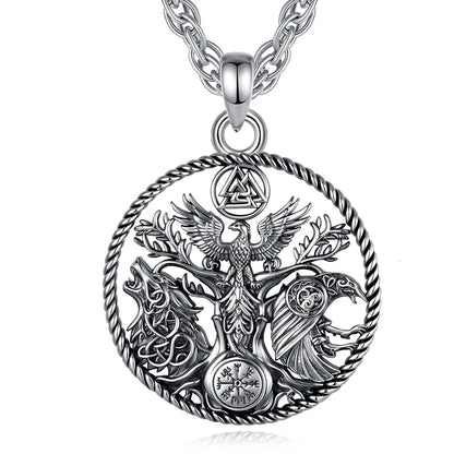 Viking raven wolf necklace with phoenix tree of life and compass – Norse Pagan spiritual pendant jewellery