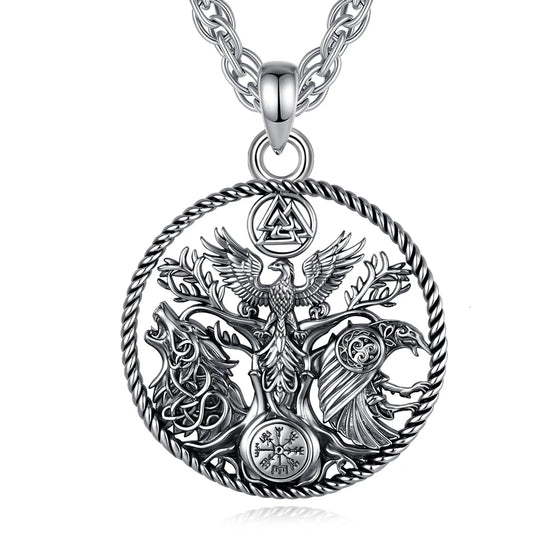 Viking raven wolf necklace with phoenix tree of life and compass – Norse Pagan spiritual pendant jewellery