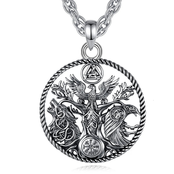 Viking raven wolf necklace with phoenix tree of life and compass – Norse Pagan spiritual pendant jewellery