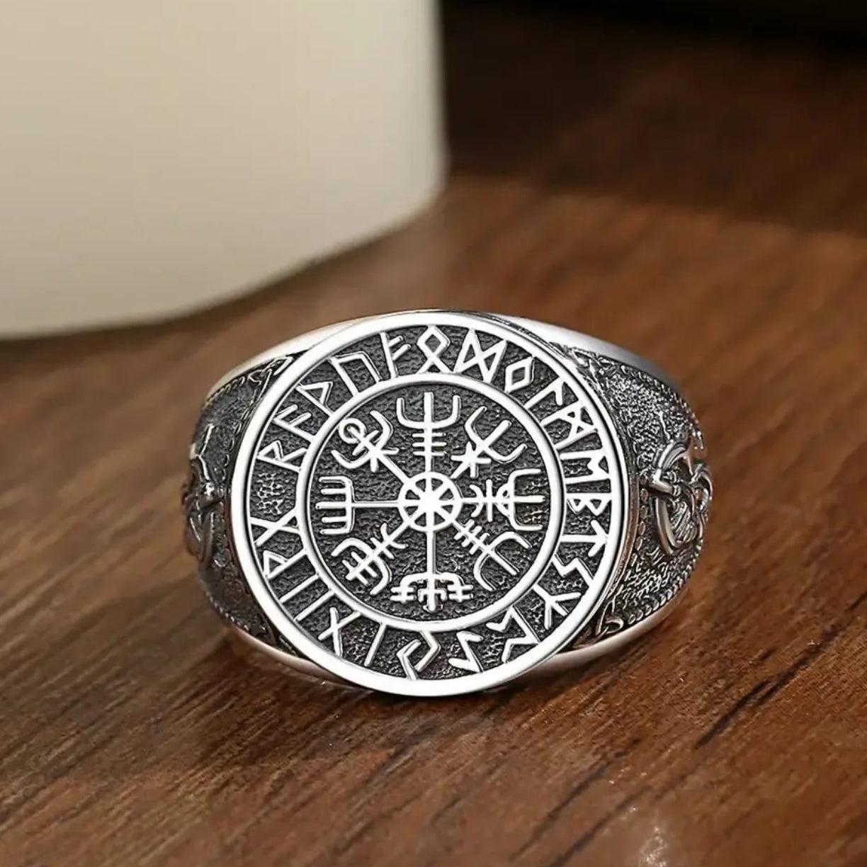 925 Silver Viking Runes Compass Adjustable Ring Vintage Norse Amulet Pagan Jewelry-MoonChildWorld