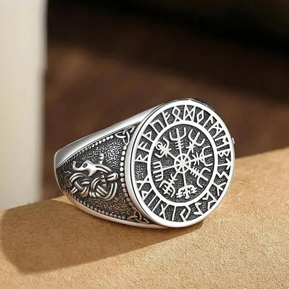 925 Silver Viking Runes Compass Adjustable Ring Vintage Norse Amulet Pagan Jewelry-MoonChildWorld