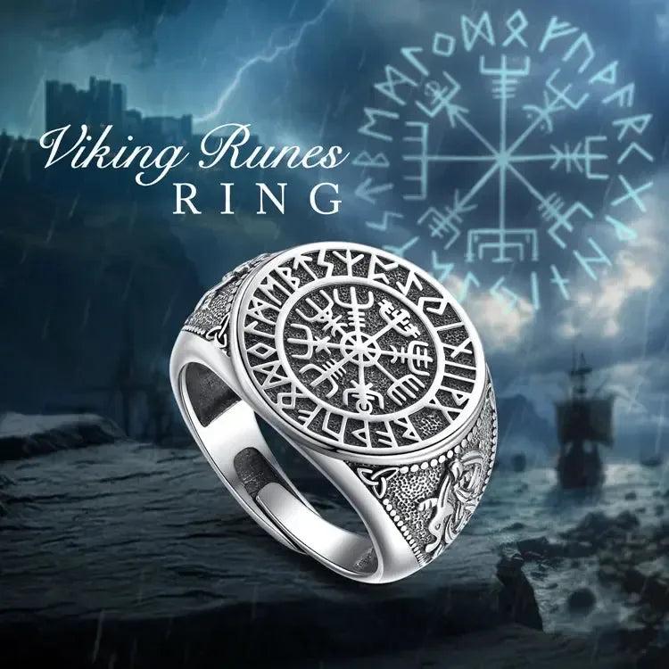 925 Silver Viking Runes Compass Adjustable Ring Vintage Norse Amulet Pagan Jewelry-MoonChildWorld