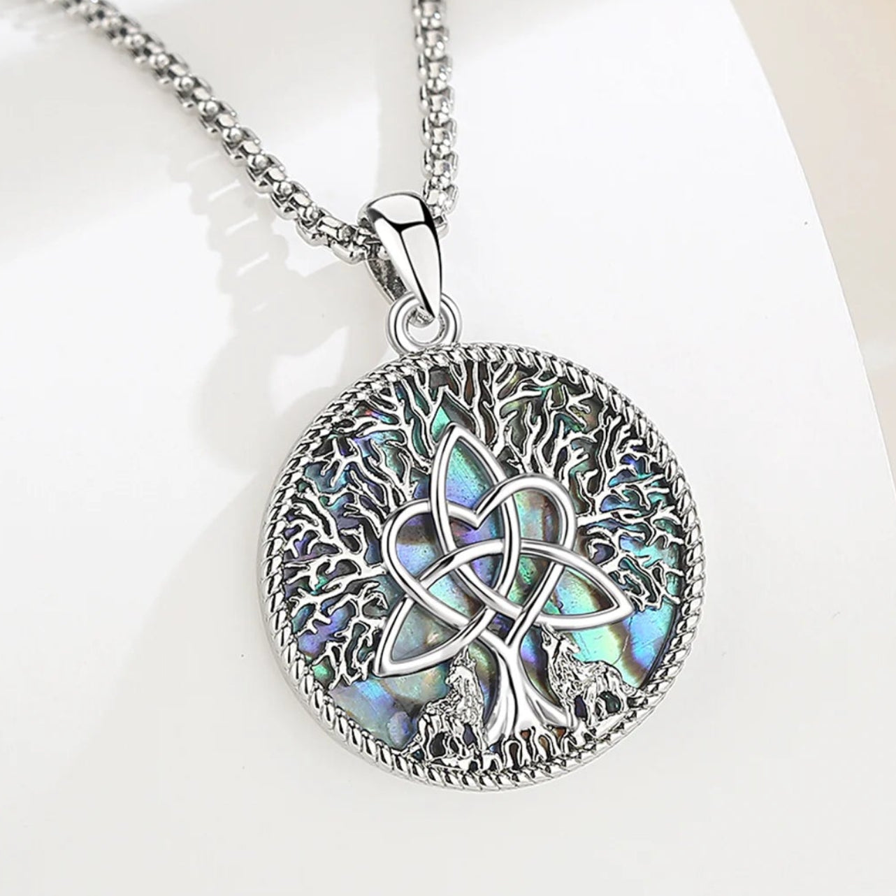 Viking Yggdrasil necklace abalone shell worn – Celtic trinity knot witch jewellery with box chain option