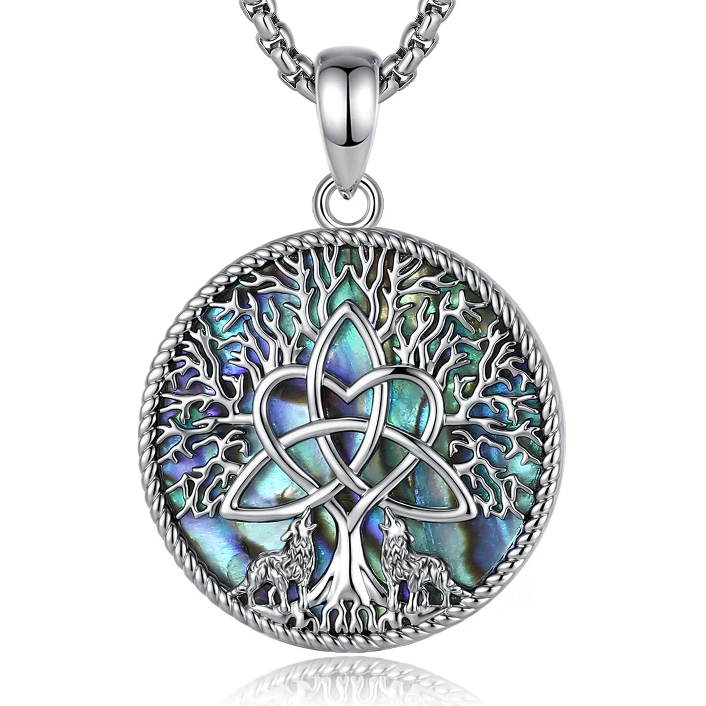 Viking tree of life necklace with natural abalone shell and Celtic trinity knot – Pagan witch spiritual pendant