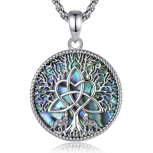 Viking tree of life necklace with natural abalone shell and Celtic trinity knot – Pagan witch spiritual pendant