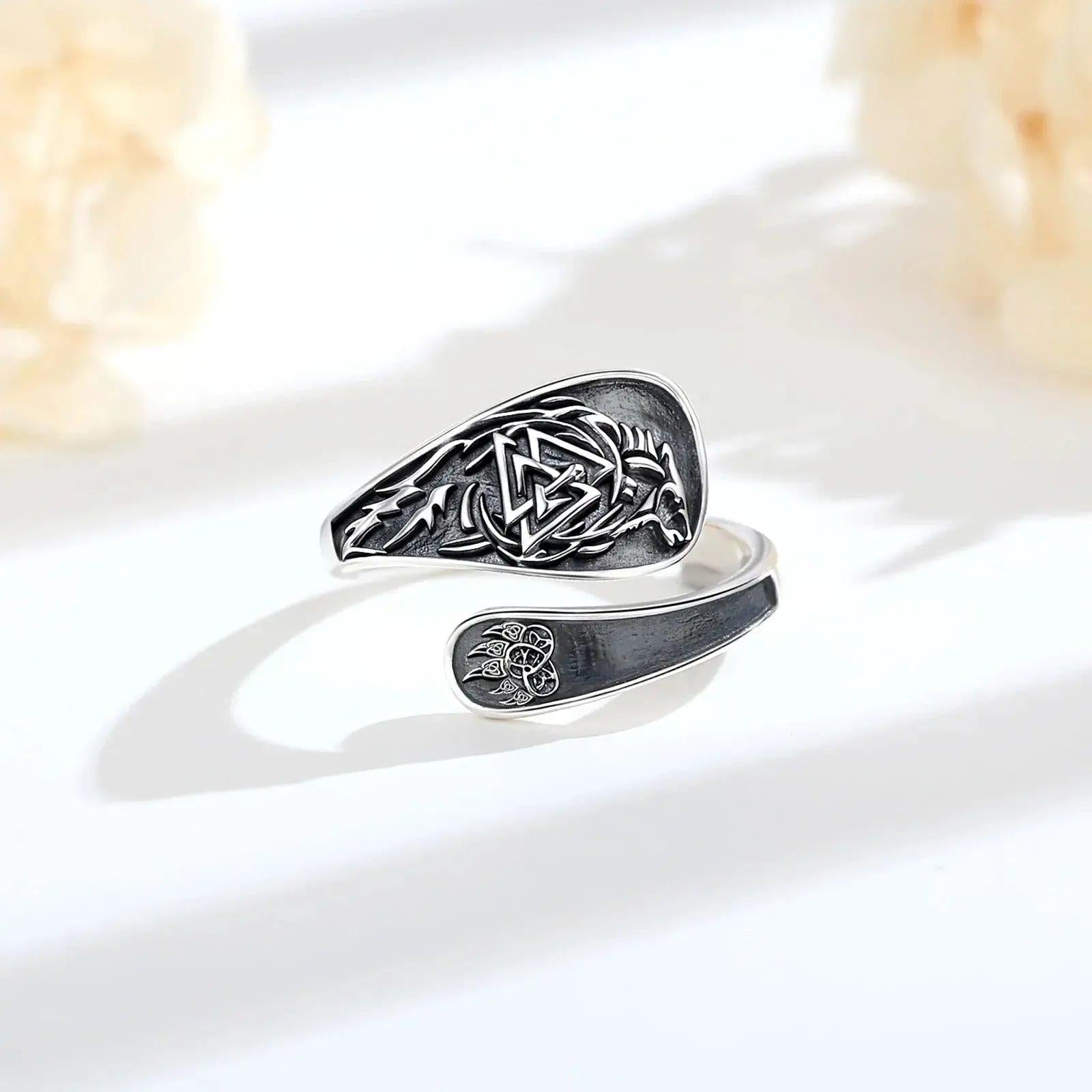 925 Silver Viking Wolf Adjustable Ring Vintage Norse Valknut Ring Pagan Jewelry-MoonChildWorld