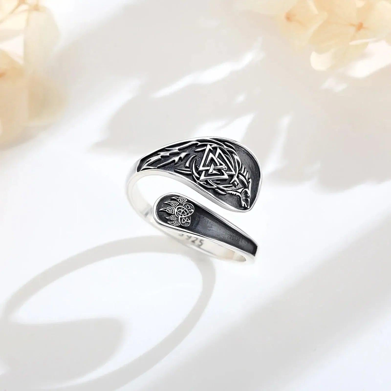 925 Silver Viking Wolf Adjustable Ring Vintage Norse Valknut Ring Pagan Jewelry-MoonChildWorld