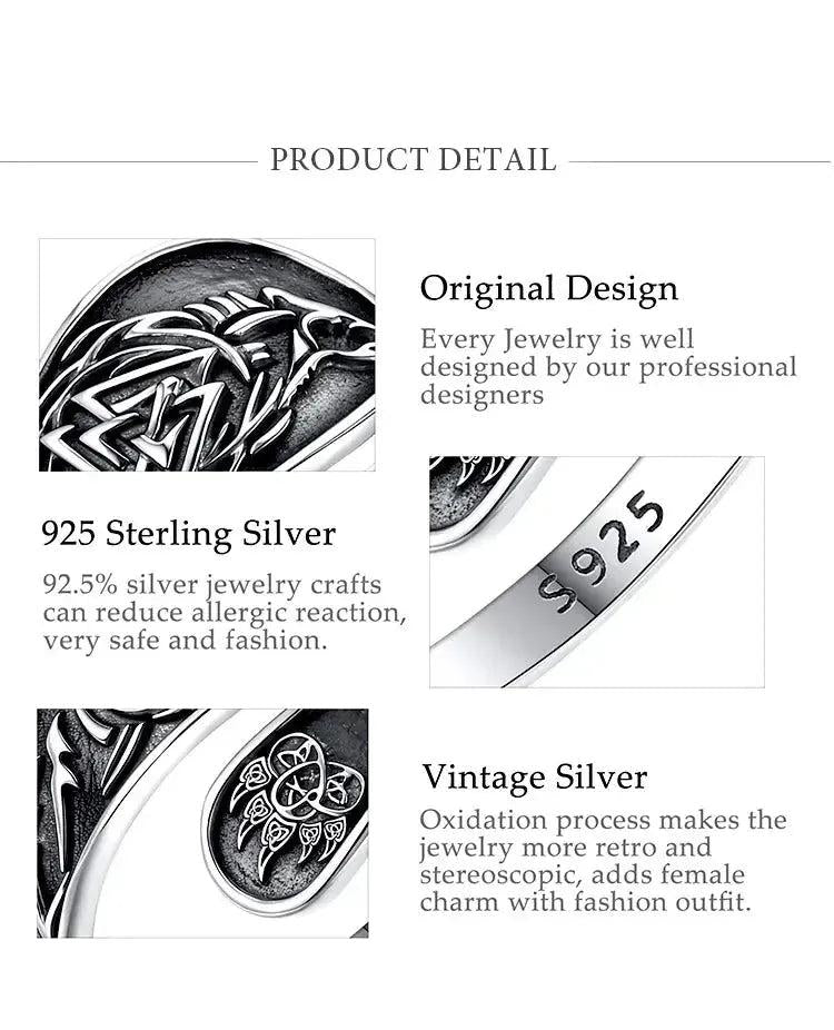 925 Silver Viking Wolf Adjustable Ring Vintage Norse Valknut Ring Pagan Jewelry-MoonChildWorld