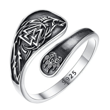 925 Silver Viking Wolf Adjustable Ring Vintage Norse Valknut Ring Pagan Jewelry-MoonChildWorld