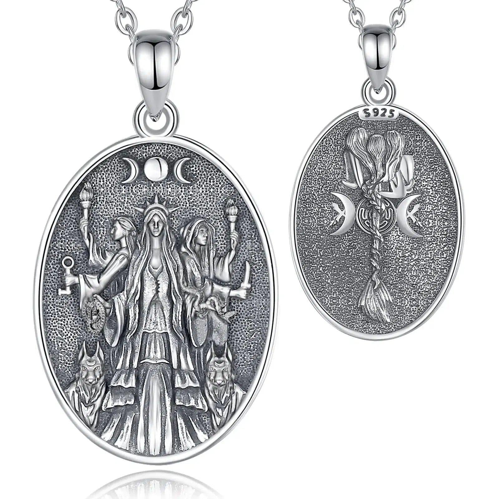 925 Sterling Silver Wicca Triple Moon Goddess Hecate necklace with detailed oval pendant.