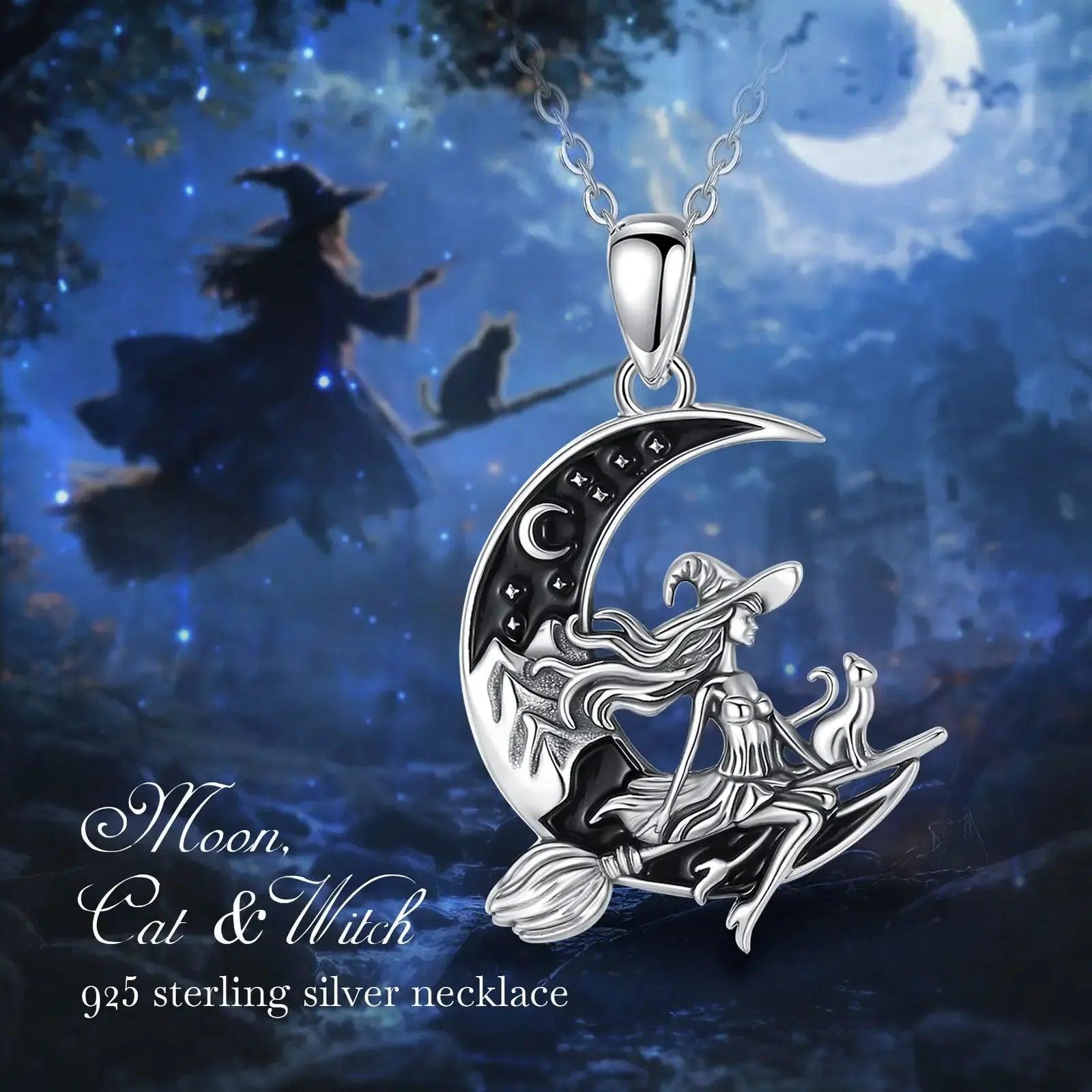 925 Silver Witch Riding Broom On Crescent Moon Pendant Necklace Wicca Pagan Jewelry-MoonChildWorld
