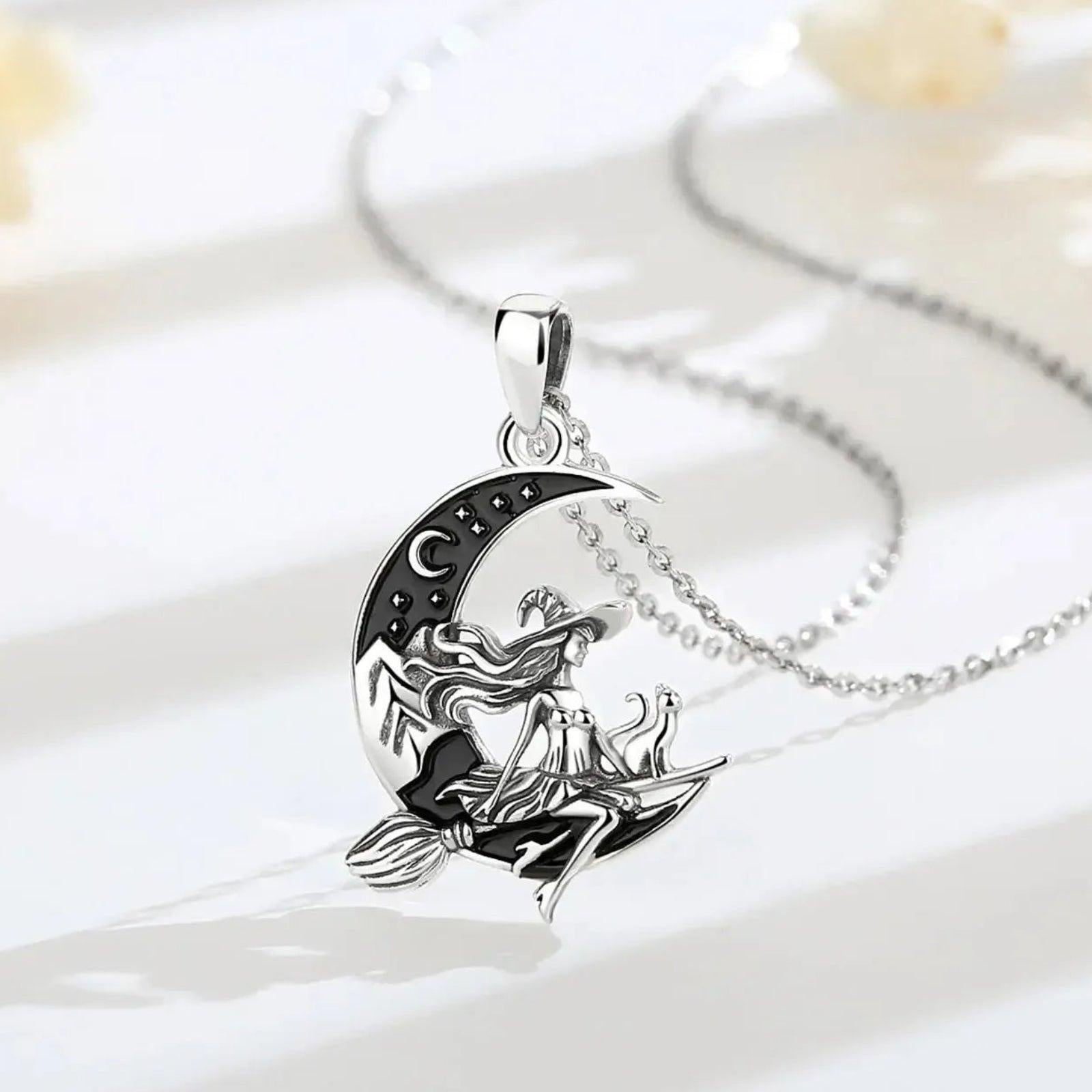 925 Silver Witch Riding Broom On Crescent Moon Pendant Necklace Wicca Pagan Jewelry-MoonChildWorld