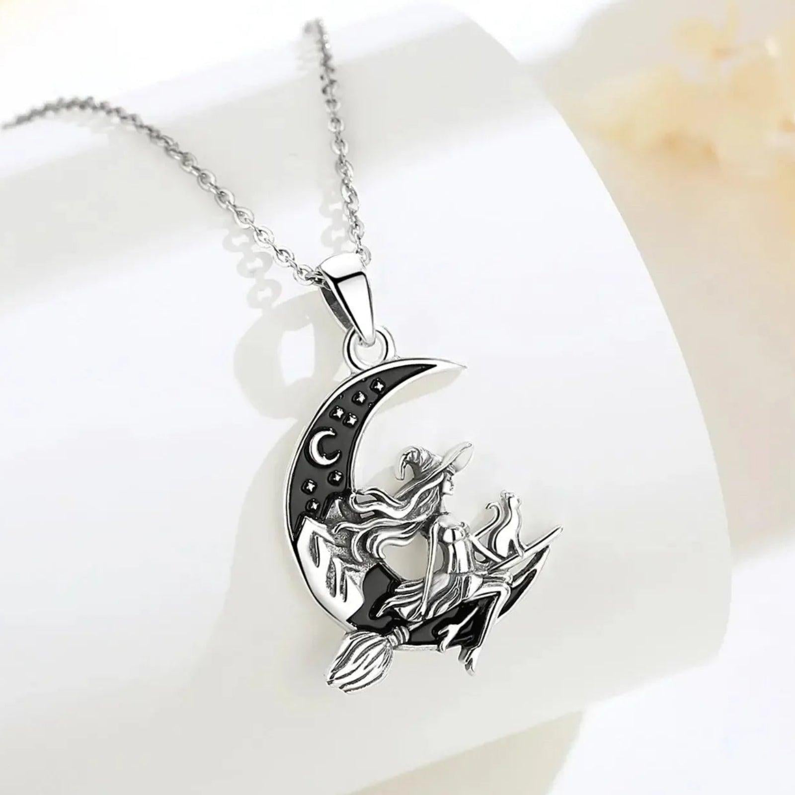 925 Silver Witch Riding Broom On Crescent Moon Pendant Necklace Wicca Pagan Jewelry-MoonChildWorld