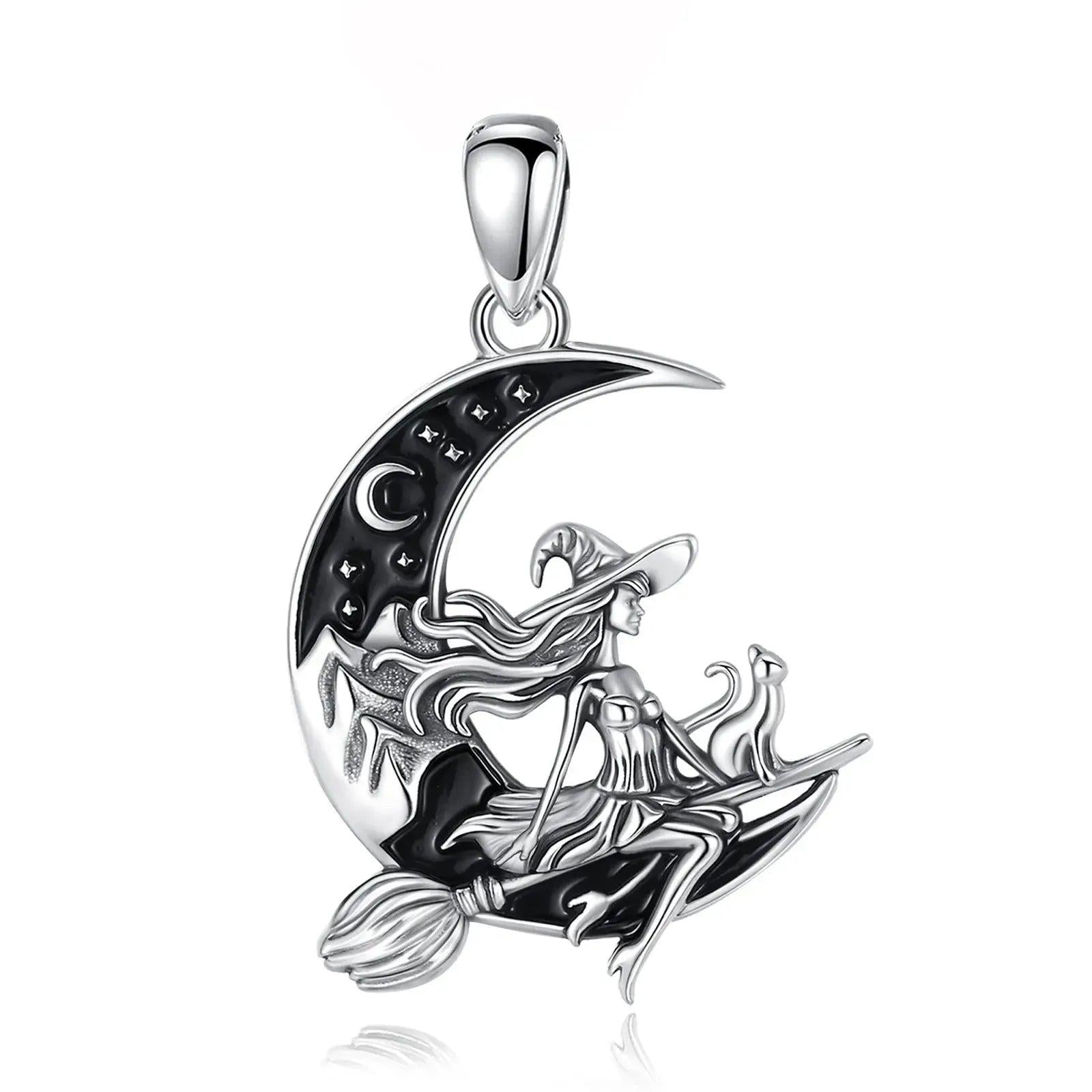 925 Silver Witch Riding Broom On Crescent Moon Pendant Necklace Wicca Pagan Jewelry-MoonChildWorld