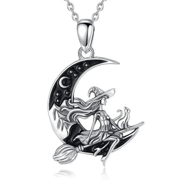 925 Silver Witch Riding Broom On Crescent Moon Pendant Necklace Wicca Pagan Jewelry-MoonChildWorld