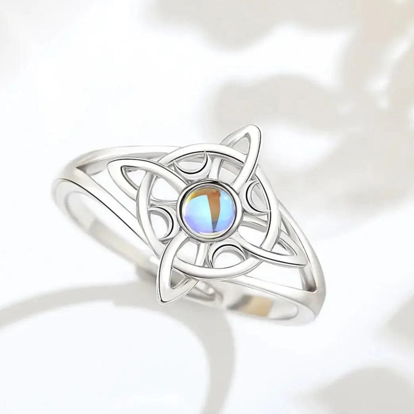 925 Silver Witchcraft Celtic Knot Adjustable Ring Moonstone Triple Moon Ring Wicca Jewelry-MoonChildWorld