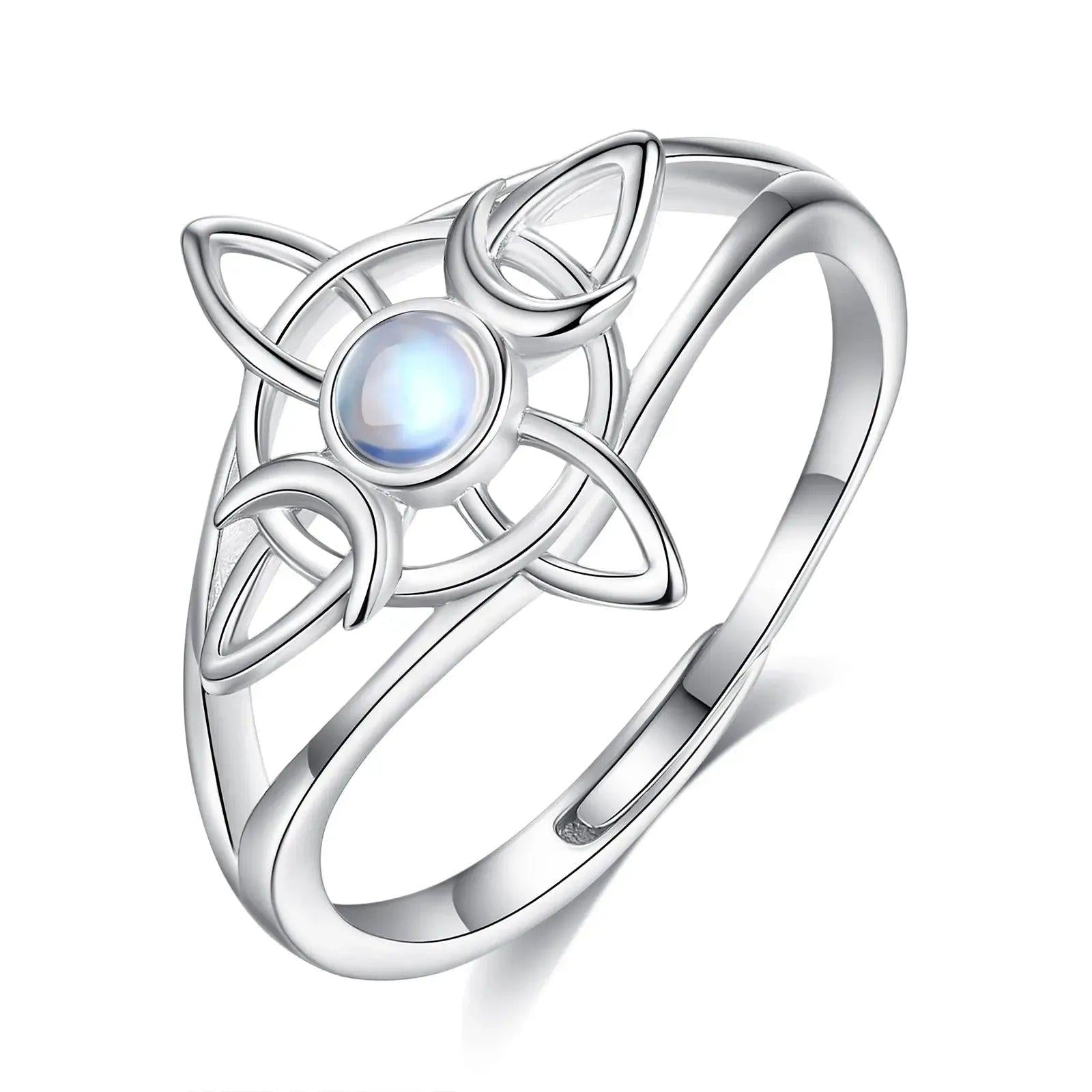925 Silver Witchcraft Celtic Knot Adjustable Ring Moonstone Triple Moon Ring Wicca Jewelry-MoonChildWorld