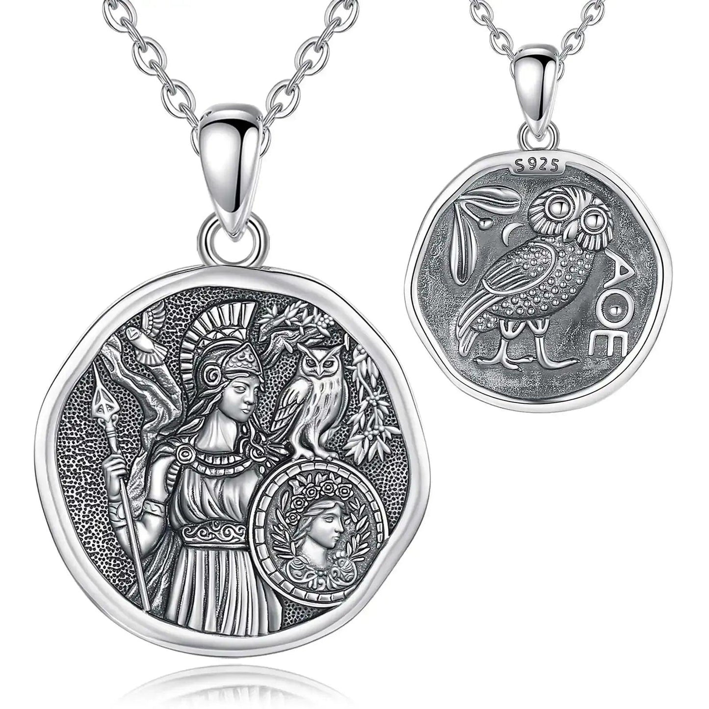 925 sterling silver Athena goddess and owl coin necklace, front and back views.