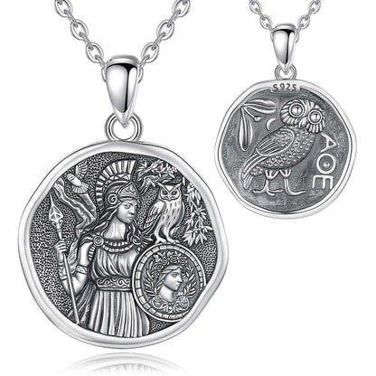 925 sterling silver Athena goddess and owl coin necklace, front and back views.