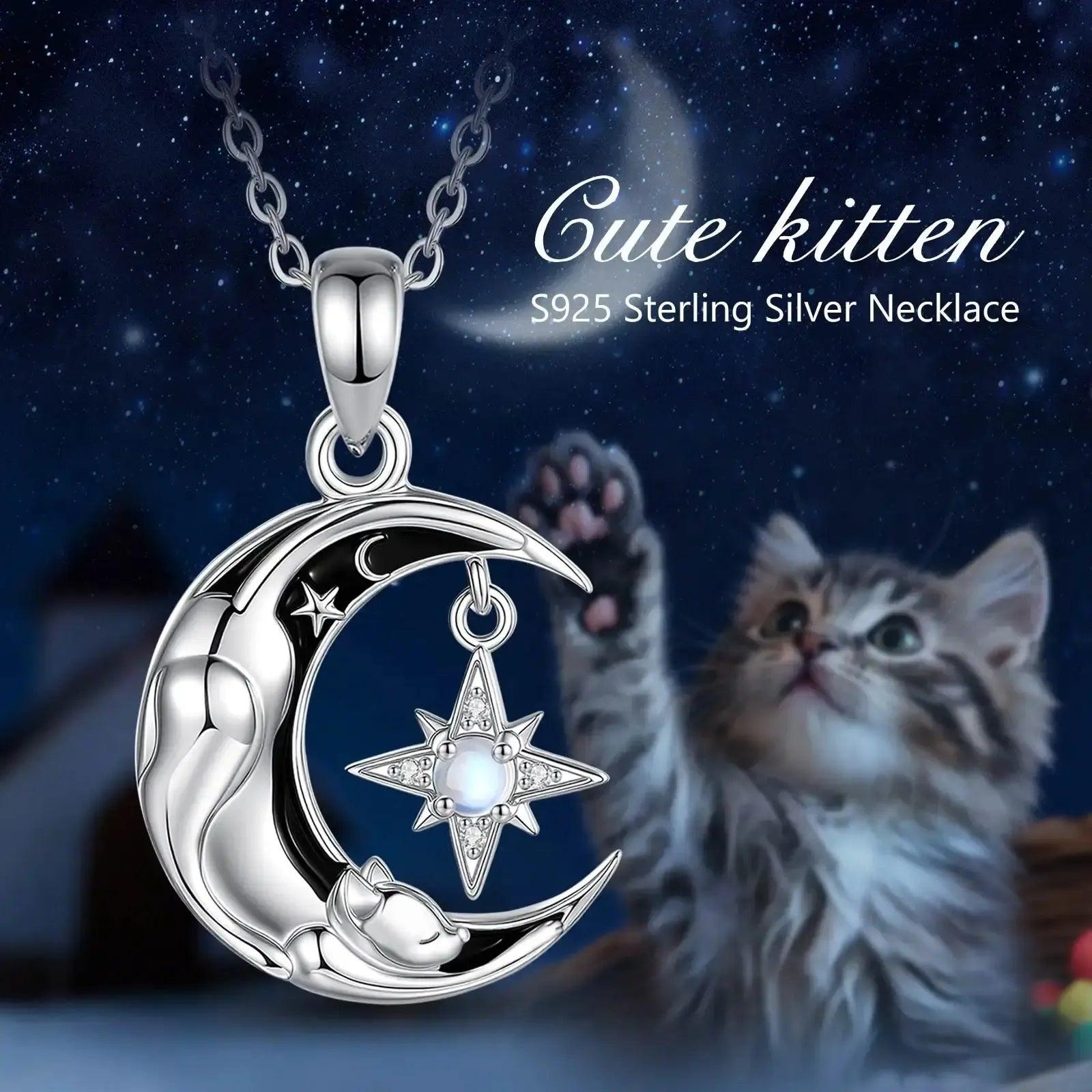 925 Sterling Silver Celestial Moon Cat Necklace for Witches & Wiccans-MoonChildWorld