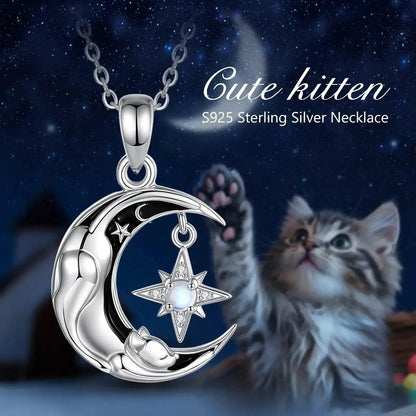 925 Sterling Silver Celestial Moon Cat Necklace for Witches & Wiccans-MoonChildWorld