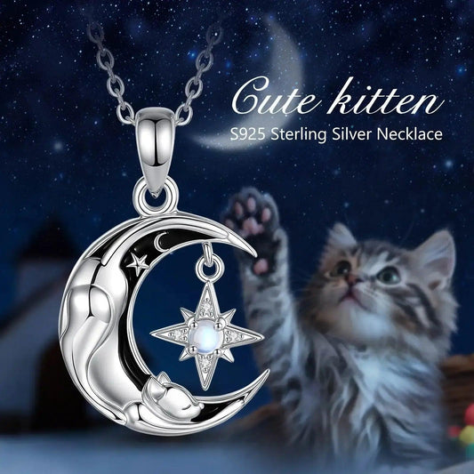 925 Sterling Silver Celestial Moon Cat Necklace for Witches & Wiccans-MoonChildWorld
