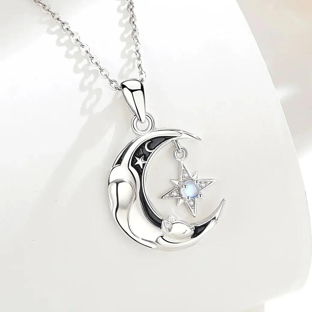 925 Sterling Silver Celestial Moon Cat Necklace for Witches & Wiccans-MoonChildWorld