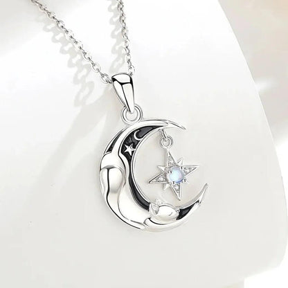 925 Sterling Silver Celestial Moon Cat Necklace for Witches & Wiccans-MoonChildWorld