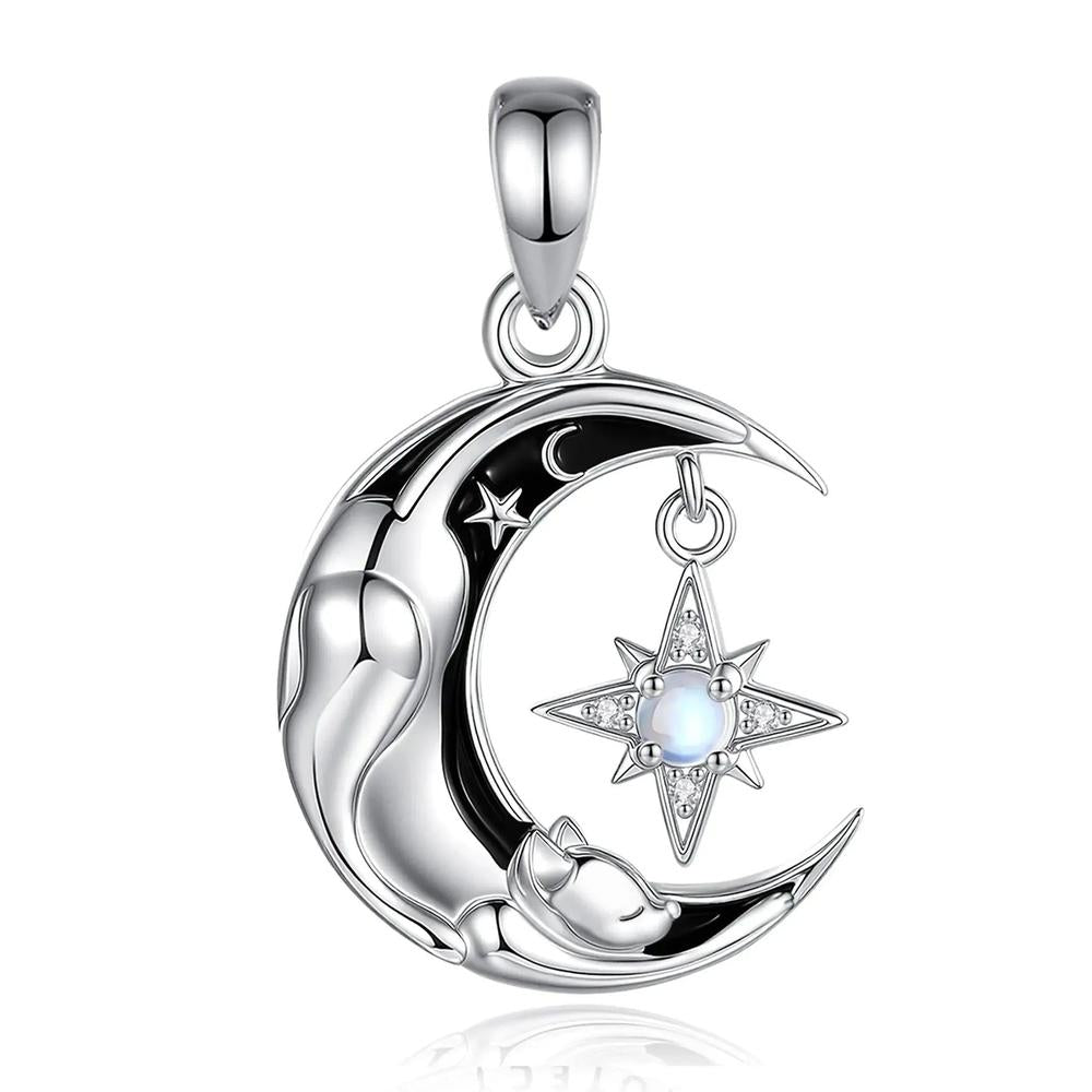 925 Sterling Silver Celestial Moon Cat Necklace for Witches & Wiccans-MoonChildWorld
