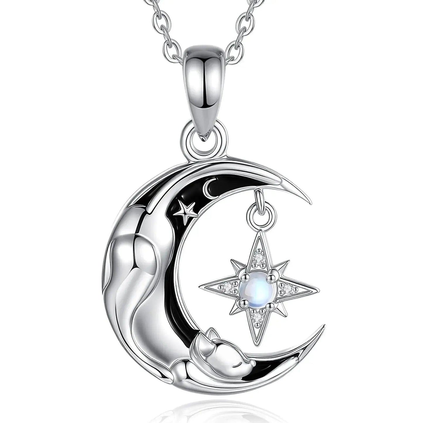 925 Sterling Silver Celestial Moon Cat Necklace for Witches & Wiccans-MoonChildWorld