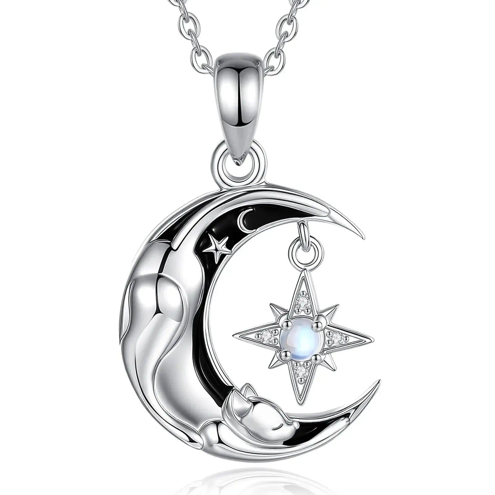 925 Sterling Silver Celestial Moon Cat Necklace for Witches & Wiccans-MoonChildWorld