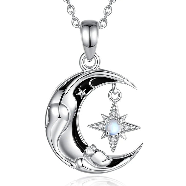 925 Sterling Silver Celestial Moon Cat Necklace for Witches & Wiccans-MoonChildWorld