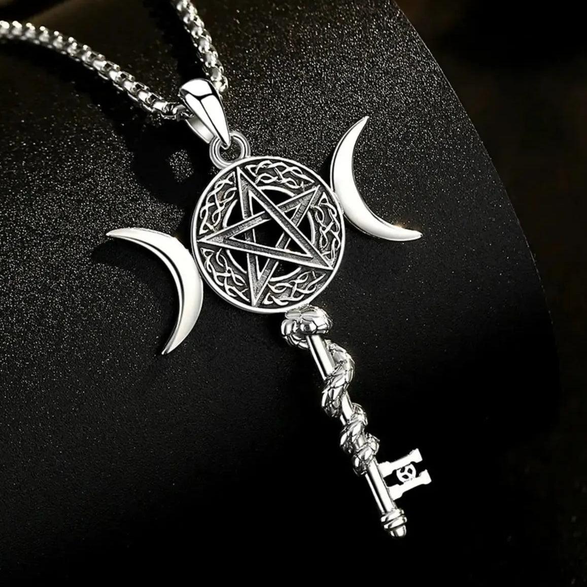 925 Sterling Silver Celtic Pentagram and Snake Key Pendant - Wicca Triple Moon Necklace Pagan Jewelry-MoonChildWorld