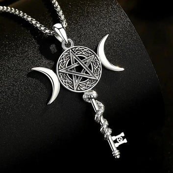 925 Sterling Silver Celtic Pentagram and Snake Key Pendant - Wicca Triple Moon Necklace Pagan Jewelry-MoonChildWorld