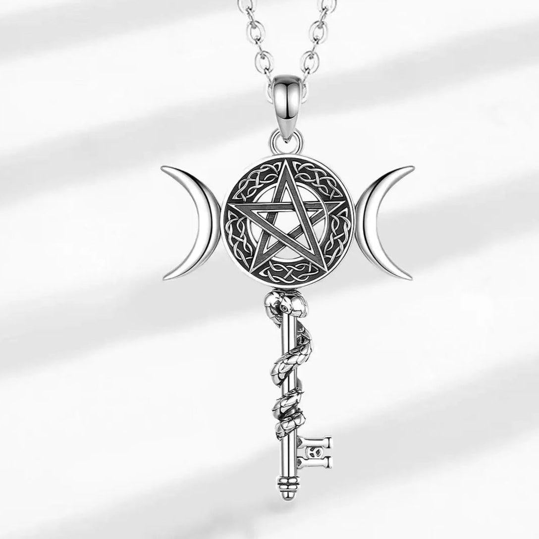 925 Sterling Silver Celtic Pentagram and Snake Key Pendant - Wicca Triple Moon Necklace Pagan Jewelry-MoonChildWorld