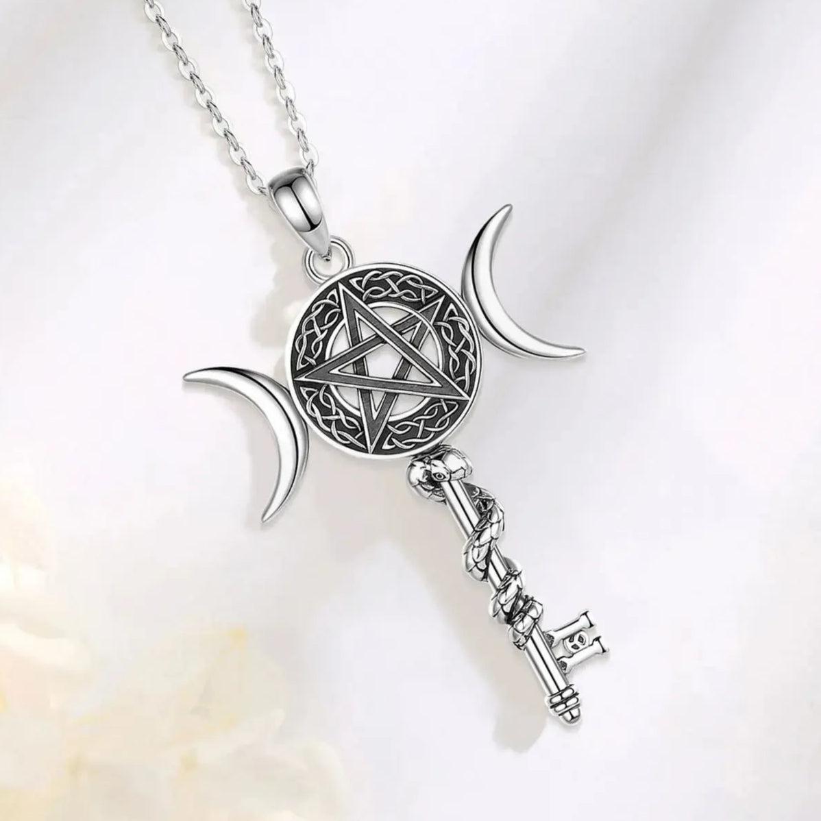 925 Sterling Silver Celtic Pentagram and Snake Key Pendant - Wicca Triple Moon Necklace Pagan Jewelry-MoonChildWorld