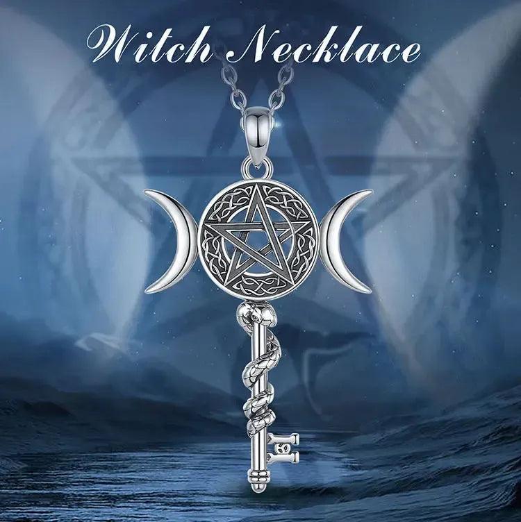 925 Sterling Silver Celtic Pentagram and Snake Key Pendant - Wicca Triple Moon Necklace Pagan Jewelry-MoonChildWorld