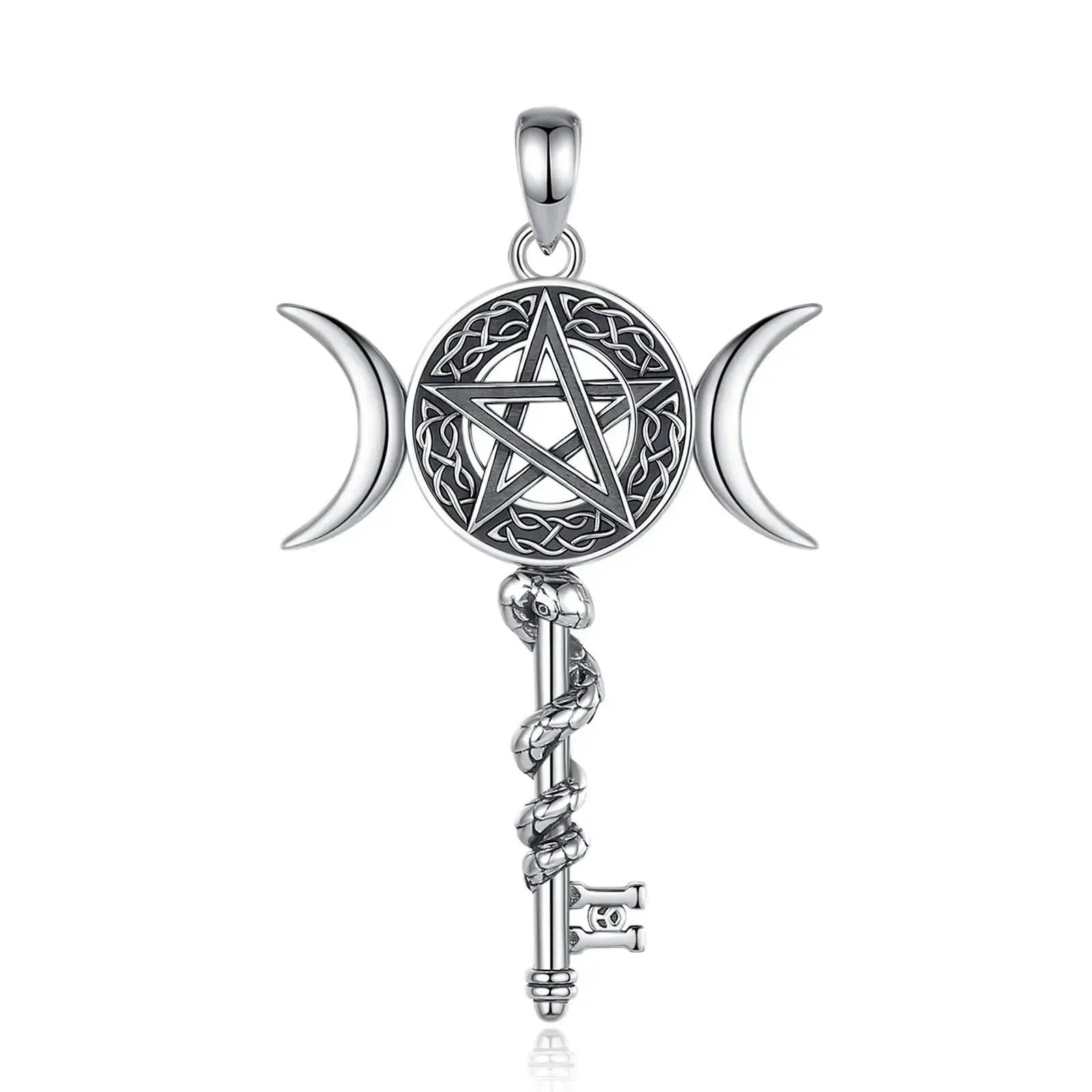 925 Sterling Silver Celtic Pentagram and Snake Key Pendant - Wicca Triple Moon Necklace Pagan Jewelry-MoonChildWorld