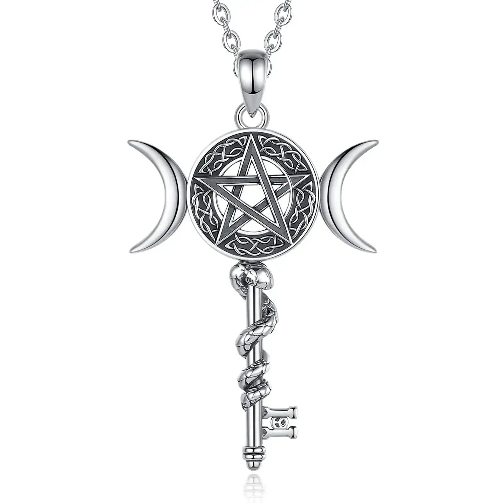 925 Sterling Silver Celtic Pentagram and Snake Key Pendant - Wicca Triple Moon Necklace Pagan Jewelry-MoonChildWorld