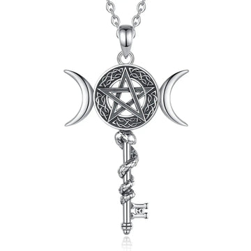 925 Sterling Silver Celtic Pentagram and Snake Key Pendant - Wicca Triple Moon Necklace Pagan Jewelry-MoonChildWorld