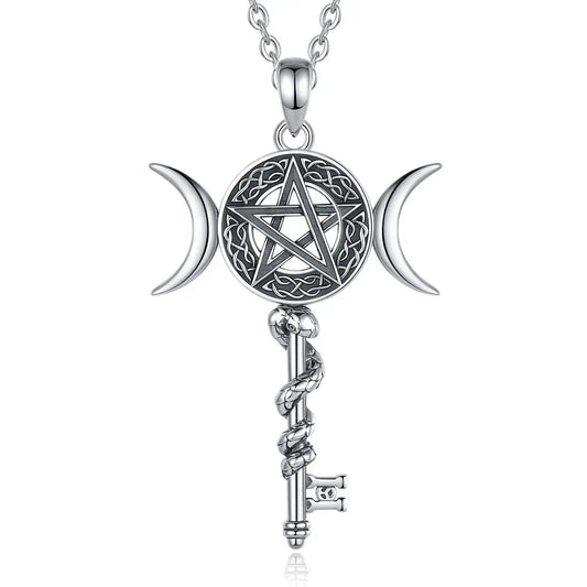 925 Sterling Silver Celtic Pentagram and Snake Key Pendant - Wicca Triple Moon Necklace Pagan Jewelry-MoonChildWorld