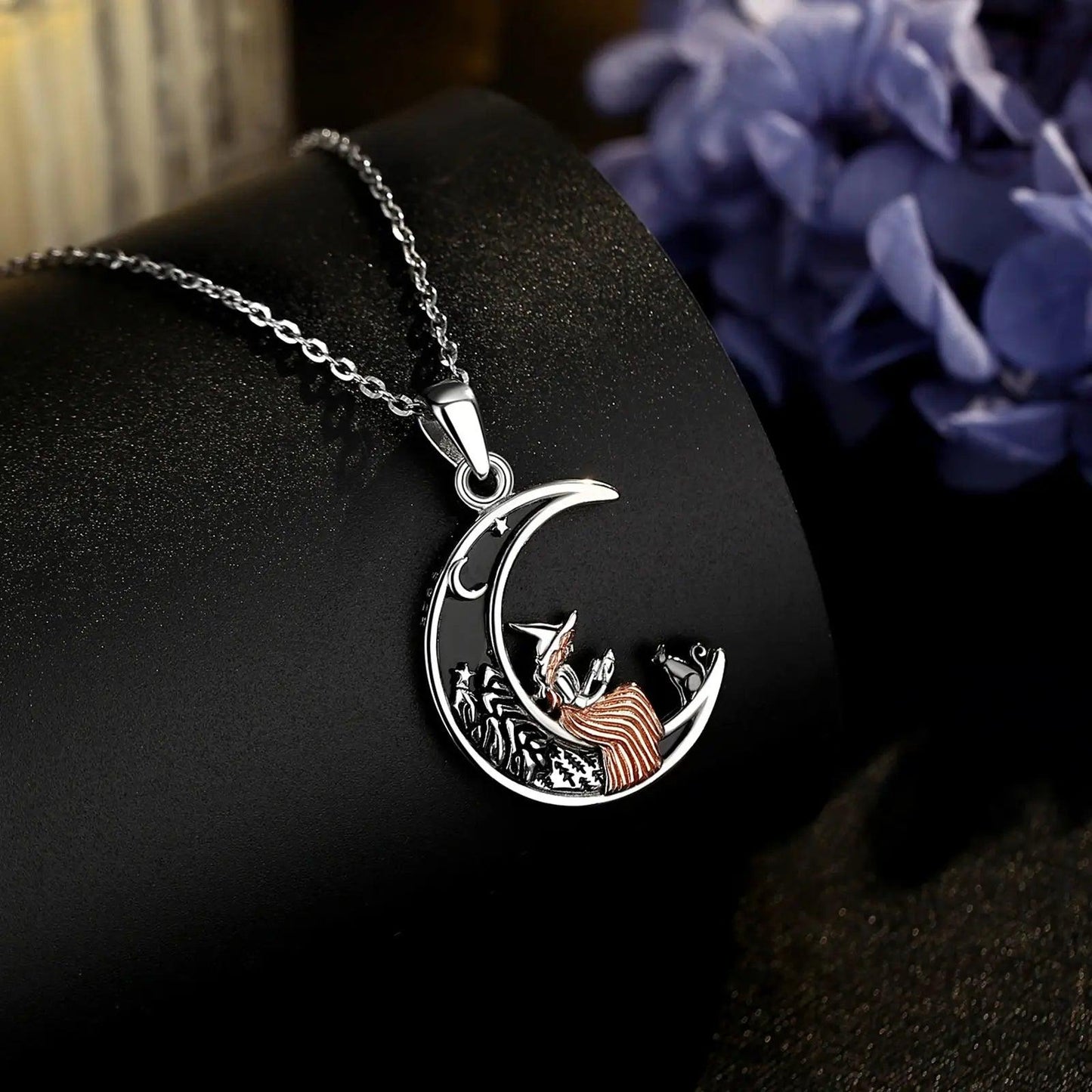 925 Sterling Silver Crescent Moon Cat Witch Pendant Necklace Wicca Pagan Jewelry for Halloween-MoonChildWorld