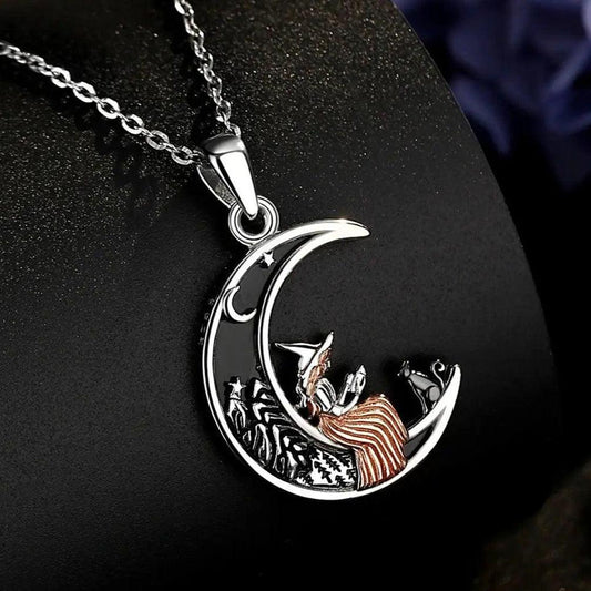 925 Sterling Silver Crescent Moon Cat Witch Pendant Necklace Wicca Pagan Jewelry for Halloween-MoonChildWorld